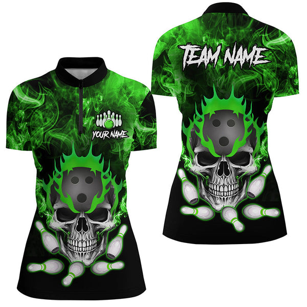 Green smoke Skull bowling Polo, Quarter Zip shirt for Women Custom Team bowling League jerseys NQS8211