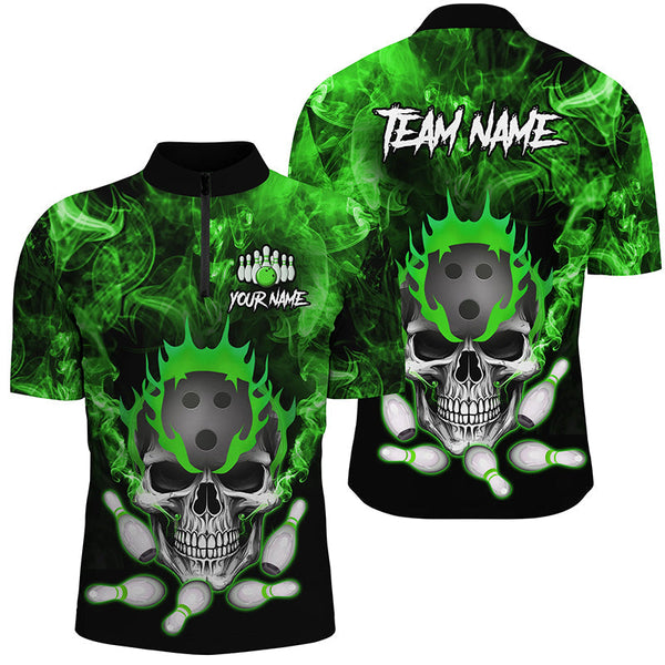Green smoke Skull bowling Polo, Quarter Zip shirt for men Custom Team bowling League jerseys NQS8211