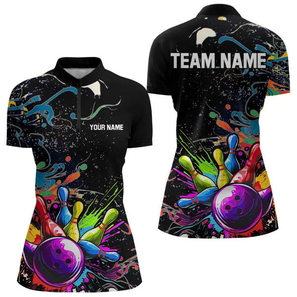 Colorful Splash Bowling Polo, Quarter Zip Shirt for Women Custom Bowling Team shirts for bowlers NQS9146