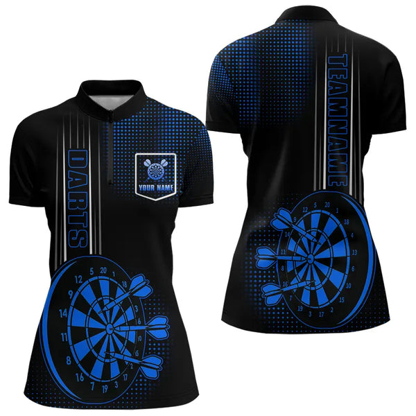 Personalized Black and Blue Darts Polo, Quarter Zip Shirt For Women Custom Dart Outfit Team Jerseys NQS9498