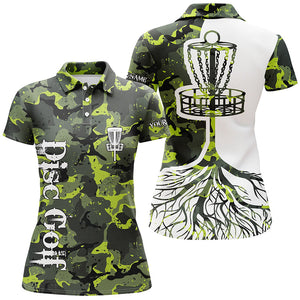 Womens disc golf polo shirt custom name green camo disc golf basket, personalized disc golf shirts NQS5697