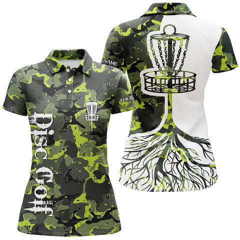 Womens disc golf polo shirt custom name green camo disc golf basket, personalized disc golf shirts NQS5697