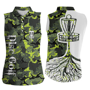 Womens disc golf sleeveless polo shirt green camo disc golf basket, personalized disc golf shirts NQS5697