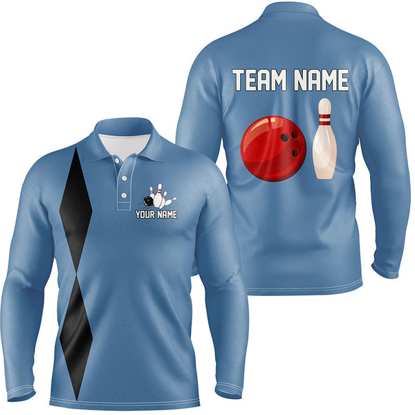 Personalized Retro Bowling Polo, Quarter Zip Shirts For Men custom vintage bowling team jerseys | Blue NQS7803