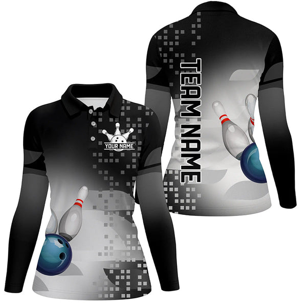 Black and White Bowling Polo, Quarter Zip Shirt For Women Custom team bowling jersey, Gift for Bowlers NQS8450