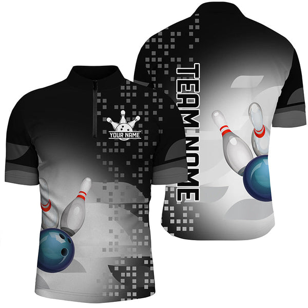 Black and White Bowling Polo, Quarter Zip Shirt For Men Custom team bowling jerseys, Gift for Bowlers NQS8450