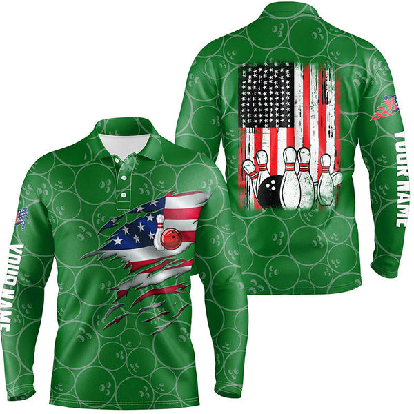 Green Bowling polo shirts for men custom name vintage American flag bowling jerseys NQS6562