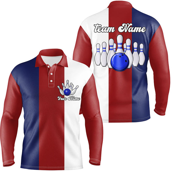 Personalized Red white and blue Retro Bowling Polo Shirts For Men custom vintage bowling team jerseys NQS6569
