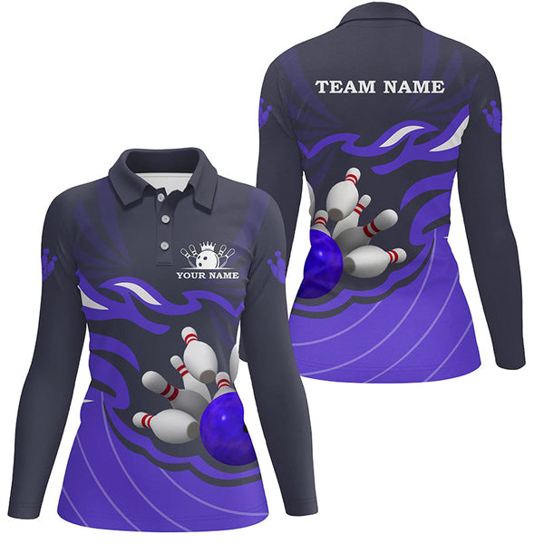 Women polo, quarter zip bowling shirts Custom bowling ball and pins team league jerseys | Purple NQS7808
