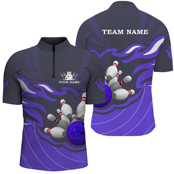 Mens polo, quarter zip bowling shirt Custom bowling ball pins team league jersey, bowling gift| Purple NQS7808