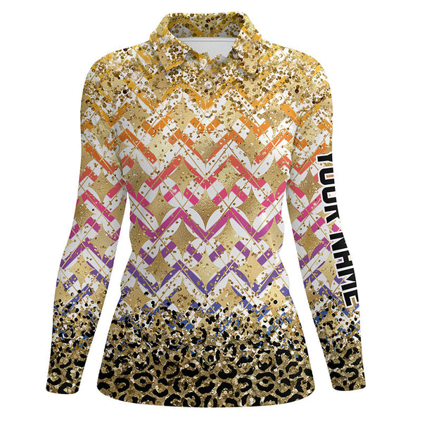 Yellow glitter leopard pattern Women golf polo shirts custom team ladies golf top NQS7814
