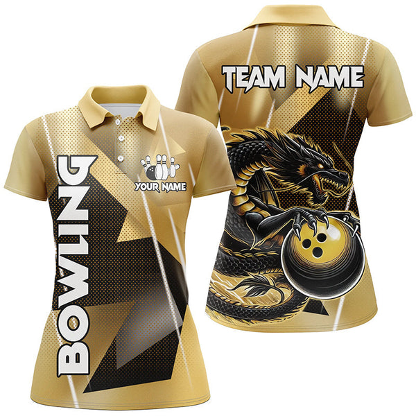 Black And Gold Custom Dragon Bowling Shirts For Women, Dragon Bowling Team Shirts NQS8233