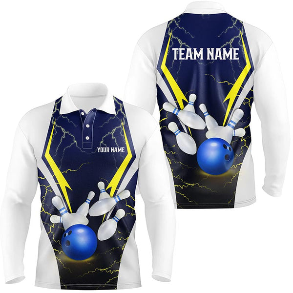 Blue lightning thunder bowling ball and pins custom Men Bowling Polo Shirts, team bowling jersey NQS7455