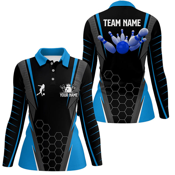 Black Women's Polo Bowling Shirt Custom Name Ladies Bowlers Jersey, team bowling outfits | Blue NQS6133