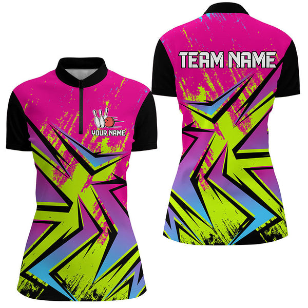 Colorful Bowling Polo, Quarter Zip Shirts For Women Custom Bowling Team Jersey, Gift For Bowlers NQS8921