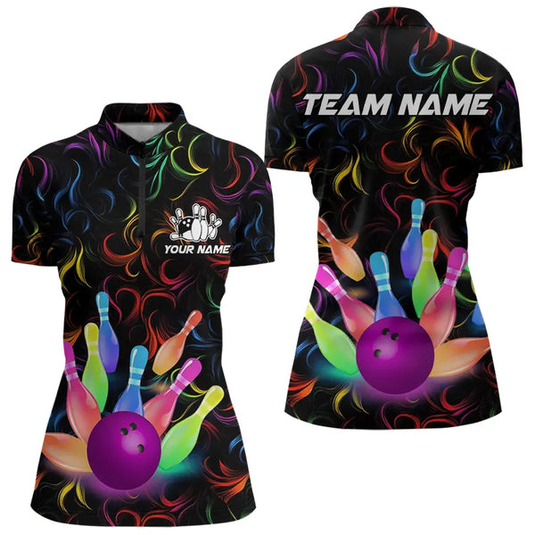 Colorful Neon Flame pattern Bowling Shirts For Women Custom Bowling Team Jerseys, Gift For Bowler NQS9374