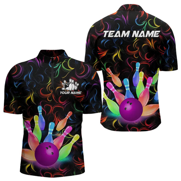 Colorful Neon Flame pattern Bowling Shirts For Men Custom Bowling Team Jerseys, Gift For Bowler NQS9374