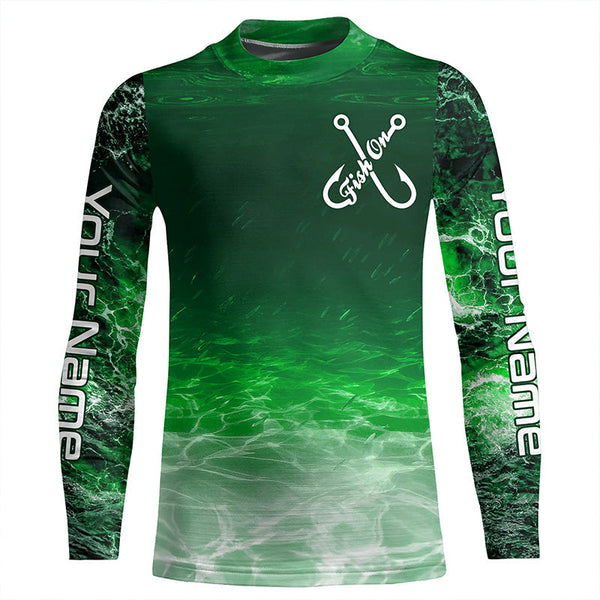 Fish on green sea water camo Custom Name performance long sleeve fishing shirts uv protection NQS7039