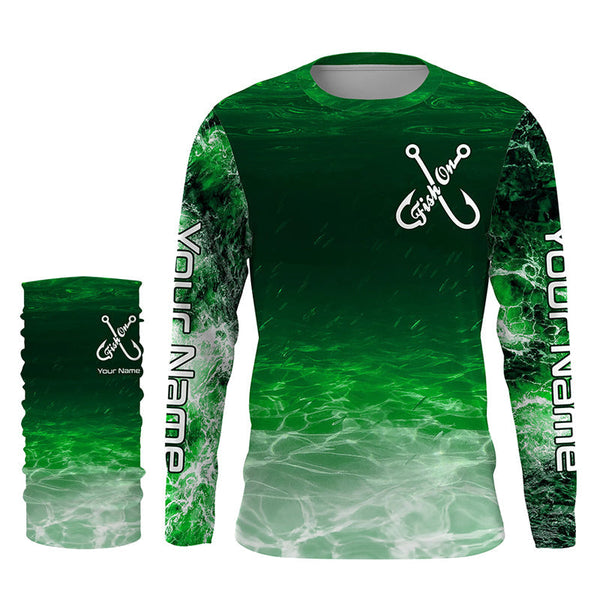 Fish on green sea water camo Custom Name performance long sleeve fishing shirts uv protection NQS7039