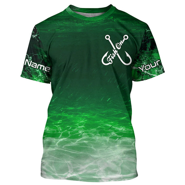 Fish on green sea water camo Custom Name performance long sleeve fishing shirts uv protection NQS7039