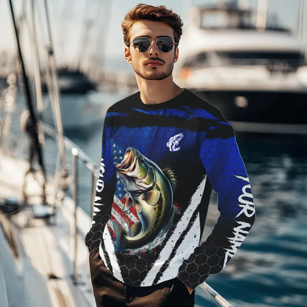Largemouth Bass fishing American Flag Custom patriotic long sleeve team Bass fishing shirts | Blue NQS9529