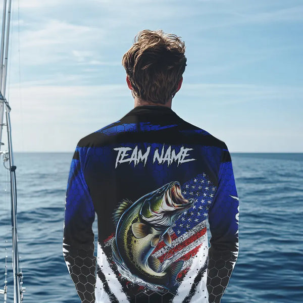 Largemouth Bass fishing American Flag Custom patriotic long sleeve team Bass fishing shirts | Blue NQS9529