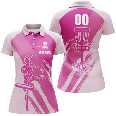 Women disc golf polo shirts Custom name and number Disc Golfer basket, ladies disc golf shirts | Pink NQS5235
