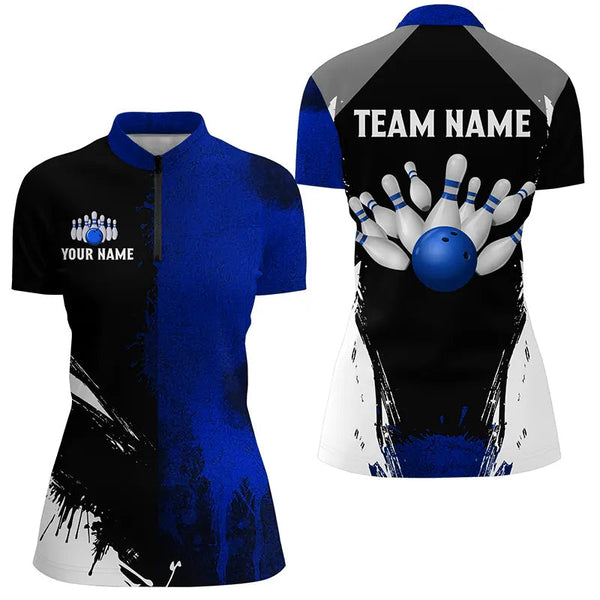 Black and Blue Bowling Polo, Quarter Zip Shirt For Women Custom Bowling Team jersey, gift for bowler NQS8260
