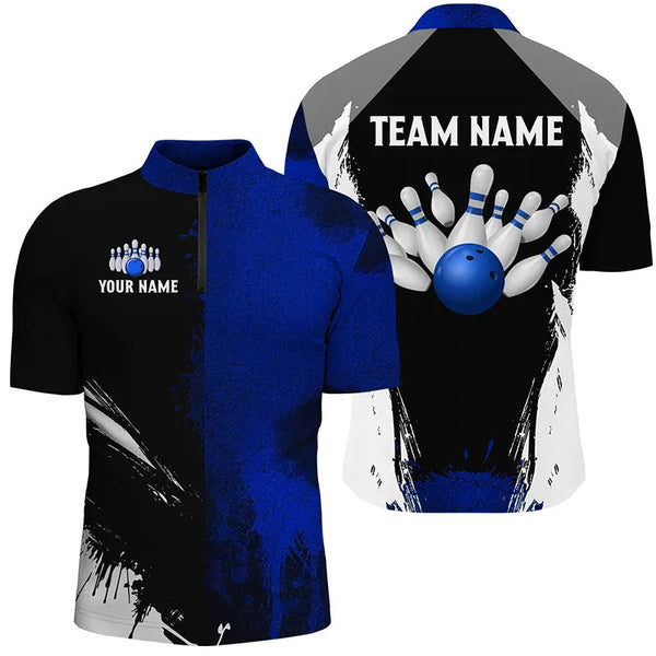 Black and Blue Bowling Polo, Quarter Zip Shirt For Men Custom Bowling Team jerseys, gift for bowlers NQS8260