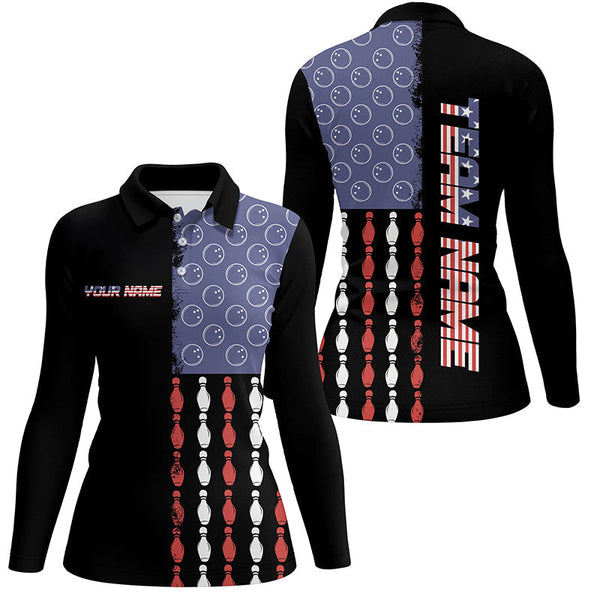 Vintage Retro American Flag Bowling Polo, Quarter-Zip Shirt For Women Custom Bowling Team Jerseys NQS8469