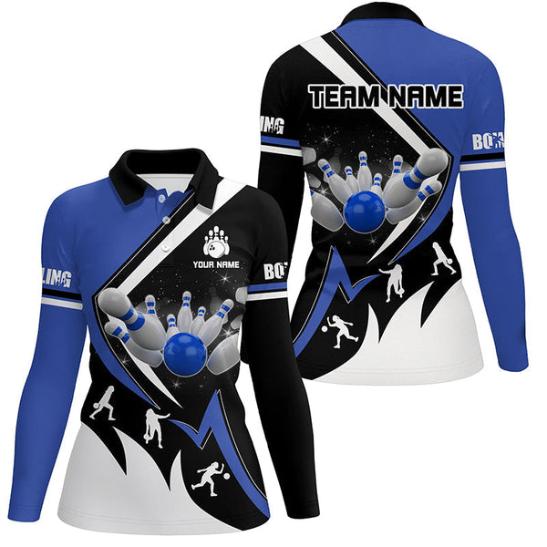 Black, White and Blue Womens Bowling Shirts Custom Bowling Team League Jerseys, Gifts For Bowlers NQS8719