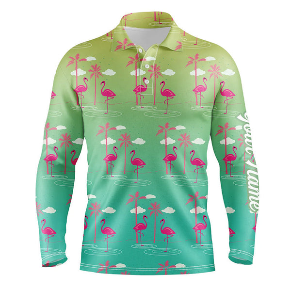 Green Gradient Tropical pattern with pink flamingos custom Mens golf polo shirt, golfing gifts NQS6857