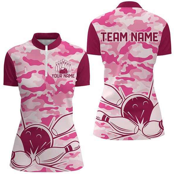 Pink Camo Bowling Polo, 1/4 Zip Shirts For Women Custom Bowling Team League Jerseys, Gift For Bowlers NQS8474