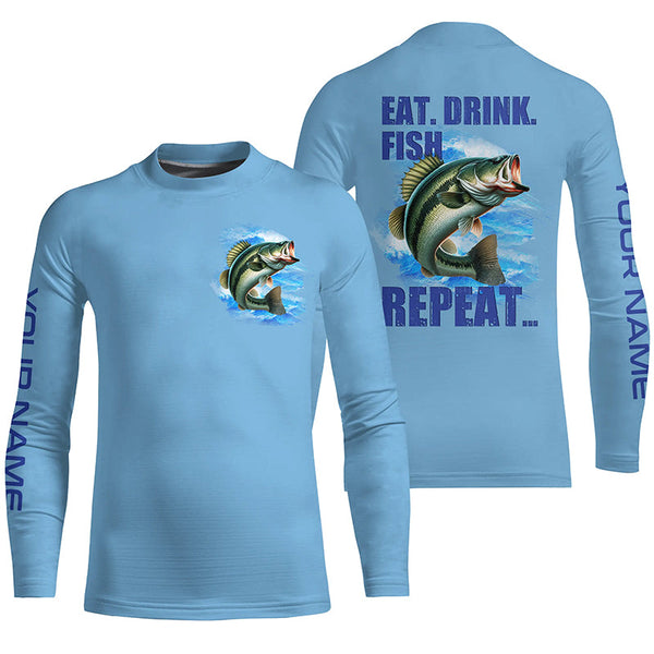 Largemouth Bass Fishing Custom Long Sleeve Performance Fishing shirts Eat Drink Fish Repeat | Blue NQS6613