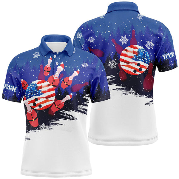 Mens Bowling Polo Shirts Custom Christmas Bowling Santa pins American Flag team mens blue Jerseys NQS6614