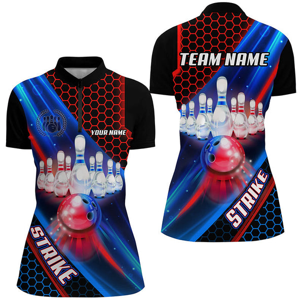 Blue and Red Light Strike Bowling Ball pins Bowling shirts for Women custom Team bowling jerseys NQS8733