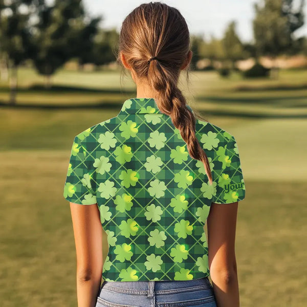 Personalized Green argyle shamrock pattern Women golf polo shirt Custom St Patrick day women golf tops NQS9546