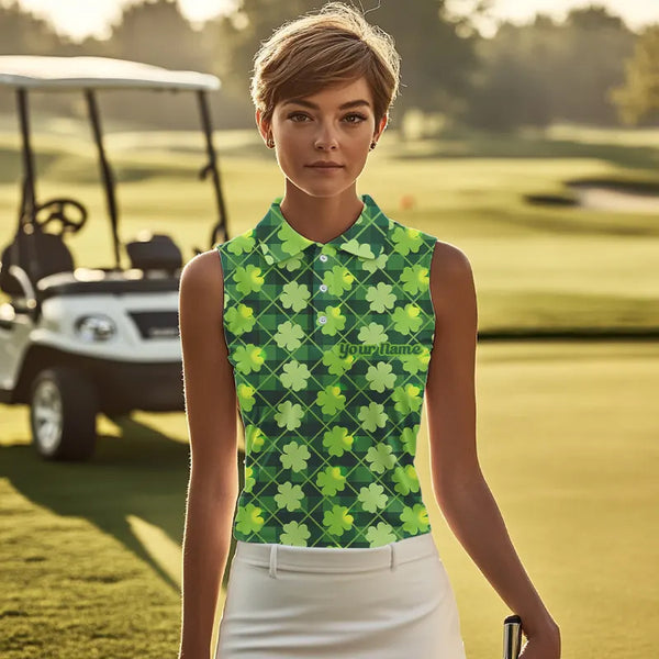Green argyle shamrock pattern Women sleeveless polo shirt Custom St Patrick day women golf tops NQS9546
