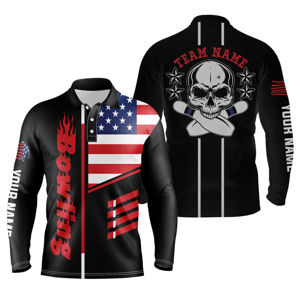 Black Bowling polo Shirt Mens Bowling Jerseys Personalized American flag skull Bowling Team Shirts NQS5489