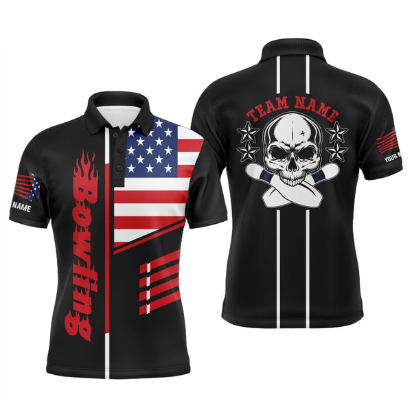 Black Bowling polo Shirt Mens Bowling Jerseys Personalized American flag skull Bowling Team Shirts NQS5489