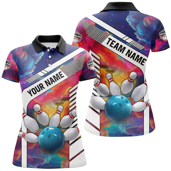 Colorful bowling Polo, Quarter Zip Shirt for Women Custom bowling ball and pins Team Bowling jerseys NQS8066