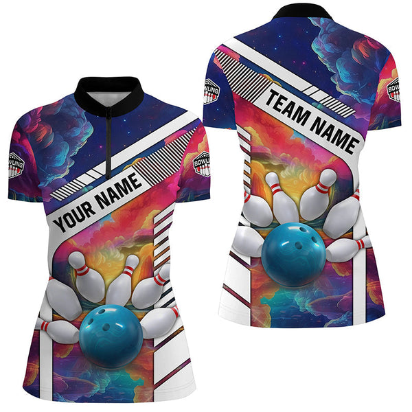 Colorful bowling Polo, Quarter Zip Shirt for Women Custom bowling ball and pins Team Bowling jerseys NQS8066