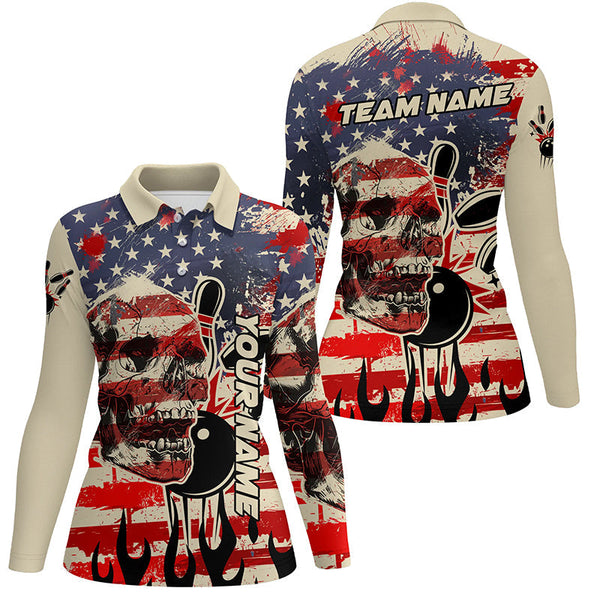 American flag skull bowling polo shirts for women Custom Team ladies bowling jerseys, gift for bowlers NQS7305