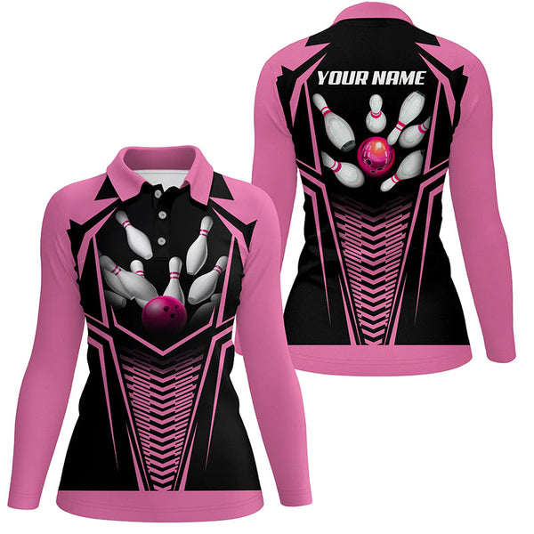 Custom Flame Bowling Ball & Pins polos Shirts For Women, Personalized Bowling Team Jerseys | Pink NQS5495