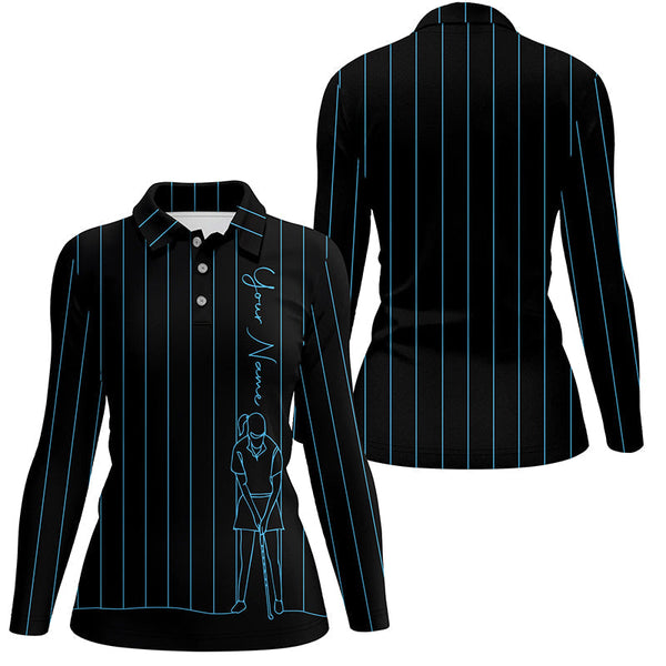 Personalized golf polo shirt for women custom blue stripes black golf tops womens, golf gift for girl NQS7308