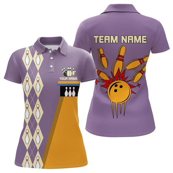 Blue & Purple Retro Bowling Polo, Quarter Zip shirt for Women Custom vintage team bowling jersey NQS9720