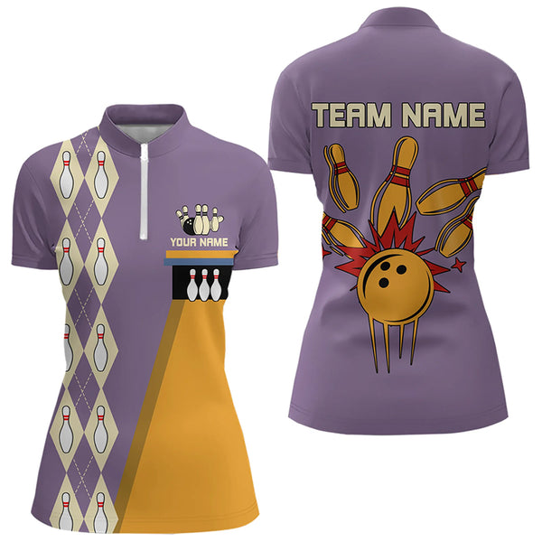 Blue & Purple Retro Bowling Polo, Quarter Zip shirt for Women Custom vintage team bowling jersey NQS9720