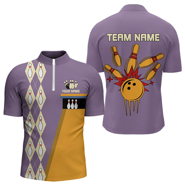 Blue & Purple Retro Bowling Polo, Quarter Zip shirt for Men Custom vintage team bowling jersey NQS9720