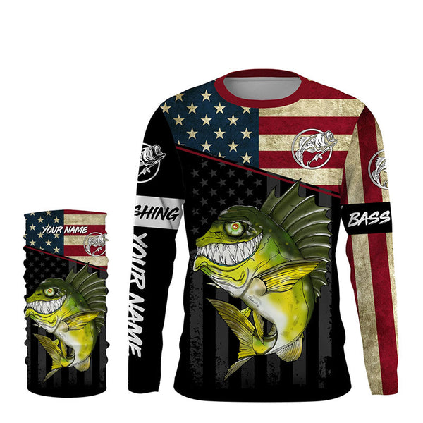 Funny Bass fishing American flag UV protection Custom long sleeve fishing shirt, Bass fishing jerseys NQS4383