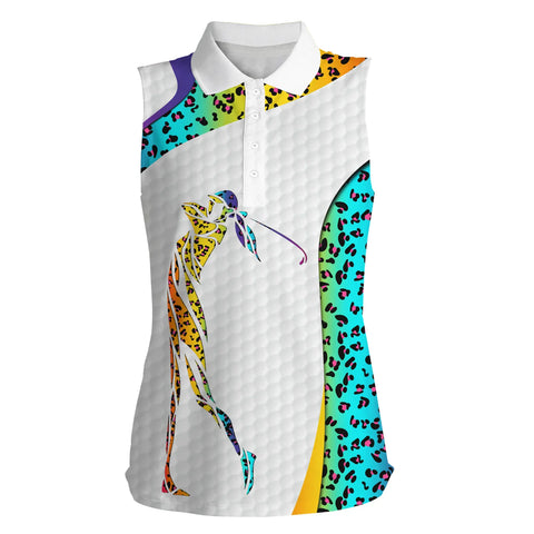 Rainbow neon leopard pattern golf white Womens sleeveless polo shirts - golf gifts for women NQS4977